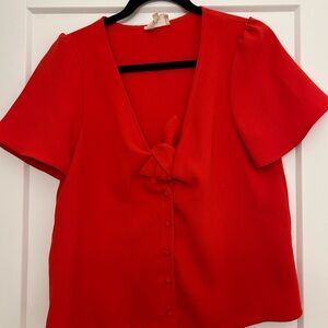 Sezane Red V-Neck Bow Button-Front Blouse